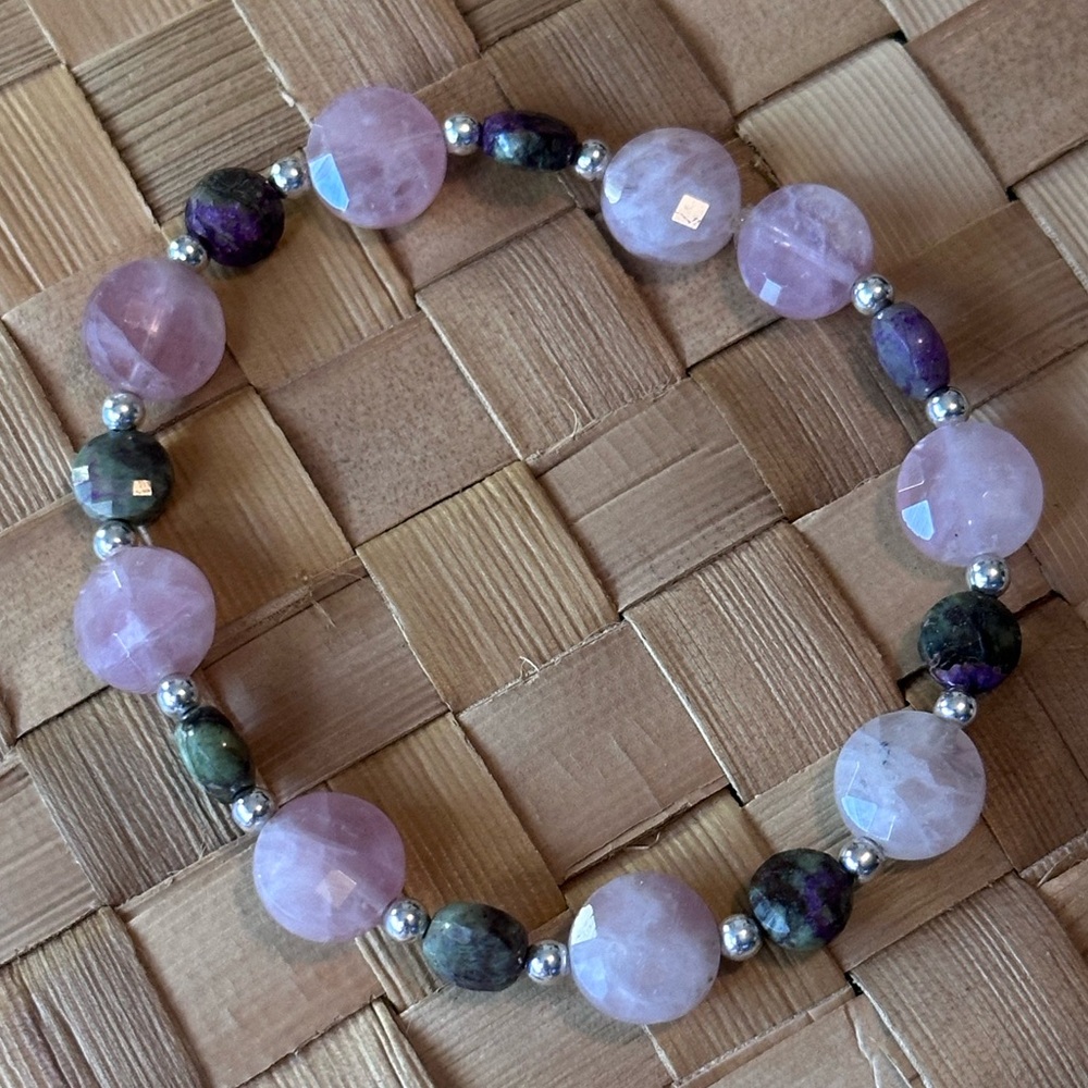 Rose Quartz Atlantisite Coin & freshwater pearl Set in .925 Sterling Silver S14 - Picture 9 of 12